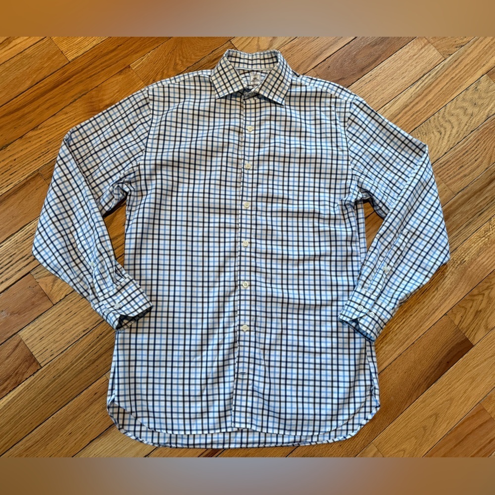 Peter Millar Nanoluxe Easy Care Shirt Blue/White/Brown Check Men Sz M 15.5 Reg - Picture 2 of 12